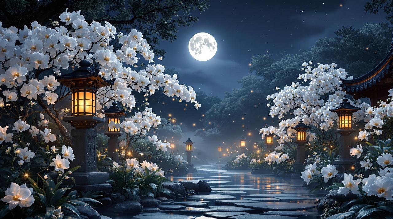 日韩动漫 - 月光下的兰花庭院,静谧优雅的氛围